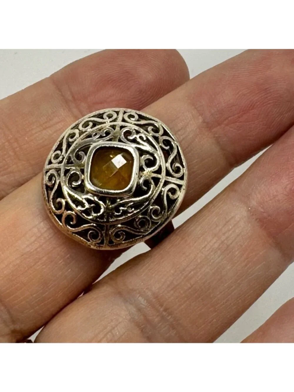 Citrine Filigree Design Statement Ring Sterling Silver 925 Size 9.5